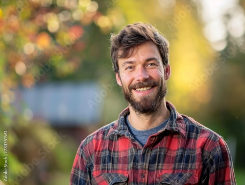 A handsome farmer in a plaid shirt, smiling and looking at the camera  © Johannes