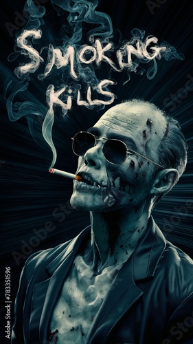 Artistic image depicting a skeleton smoking, with smoke forming words