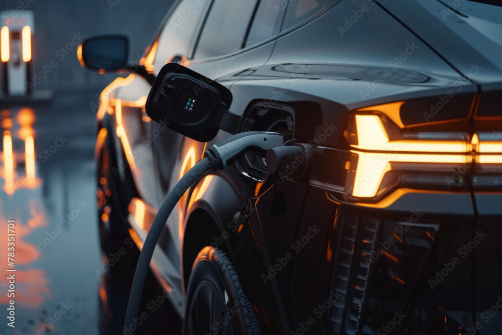 Close-up view, of an Black electric vehicle undergoing charging.