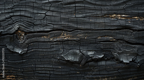 Heavily distressed coal-black burn finish on high-detail wood texture. Dark and rustic background concept for design and print photo