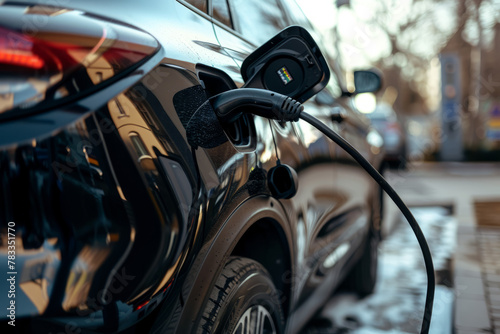 Close-up view, of an Black electric vehicle undergoing charging.