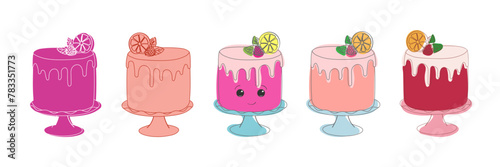 A display of various colored desserts arranged neatly in a row showcases a tempting array of sweet treats such as cakes, pastries, and tarts