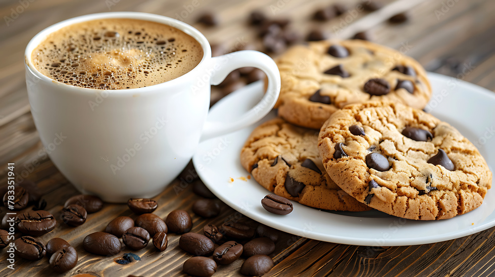a white ceramic cup filled with aromatic coffee, crowned by a creamy froth, sits on the left side. a white ceramic cup filled with aromatic coffee, crowned by a creamy froth, sits on the left side.