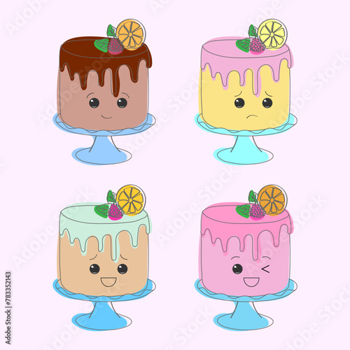A group of four cakes displayed with different toppings including chocolate, berries, cream, and caramel. The cakes look delicious and tempting, showcasing a variety of flavors and textures