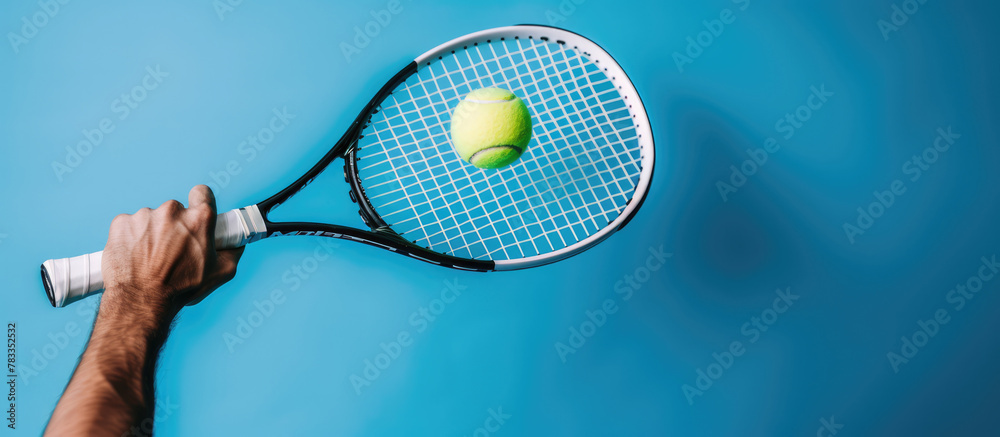 Tennis player is holding racquet and hitting ball on blue background - obrazy, fototapety, plakaty 