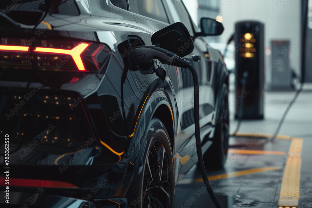 Close-up view, of an Black electric vehicle undergoing charging.