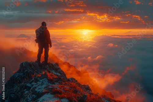 A photographer capturing the beauty of a sunrise over a misty mountain range, showcasing the awe-inspiring scenery. Concept of landscape photography and natural beauty. Generative Ai.