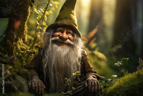 Small forest gnome - guardian of the forest looking at camera and smiling. The fairy-tale character is encountered only by the most daring and responsible visitors to the forest.
