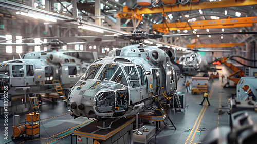 Industrial Hangar Facility with Helicopters Under Maintenance and Assembly © Adin