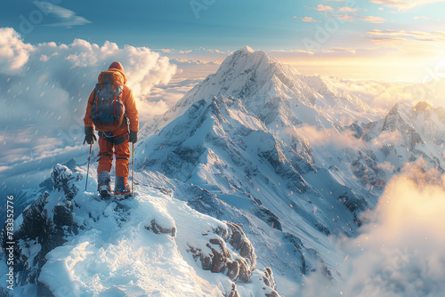 A mountaineer scaling a rugged peak, challenging himself against the elements and experiencing the raw beauty of high-altitude landscapes. Concept of adventure and exploration. Generative Ai. © Sebastian