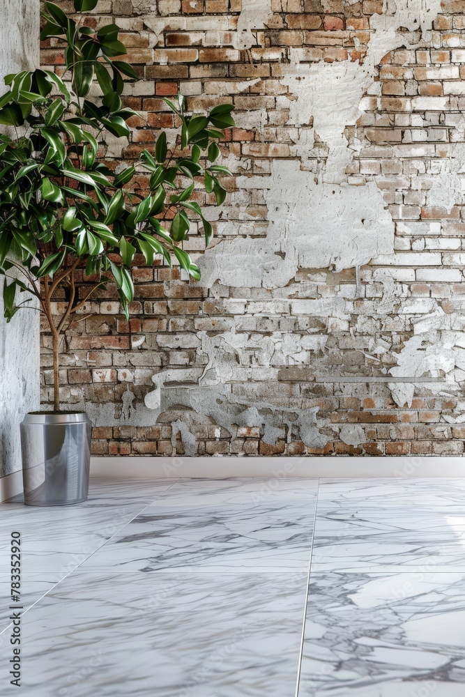 White marble floor in front of brick wall White marble floor in front of brick wall