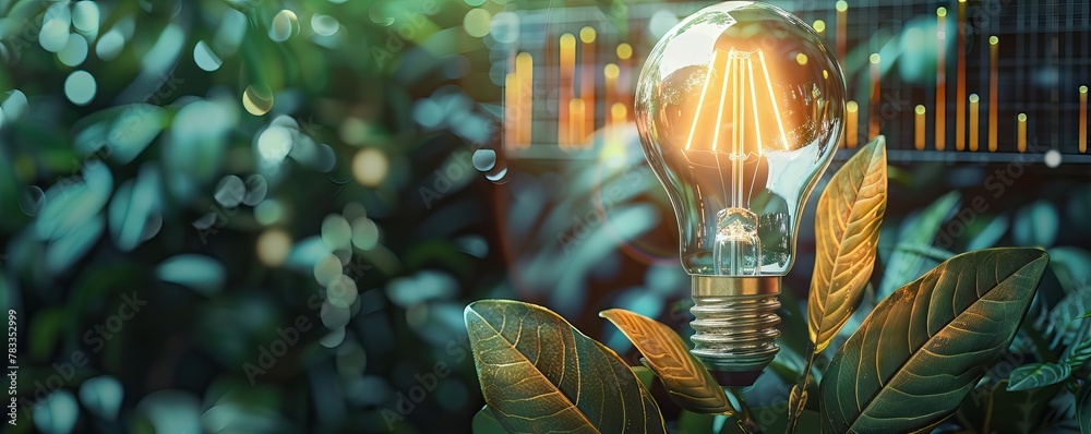 Fototapeta premium Green energy, eco energy concept. Trees growing on coin stacks symbolize green investments. A graph with renewable energy icons shows growth. AI generated illustration