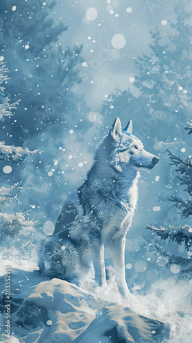 3D vector design of a Siberian Husky in a snowy landscape, icy blue tones,