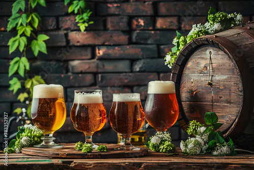Craft Beer Assortment with Fresh Hops and Wooden Barrel in Rustic Brewery Setting