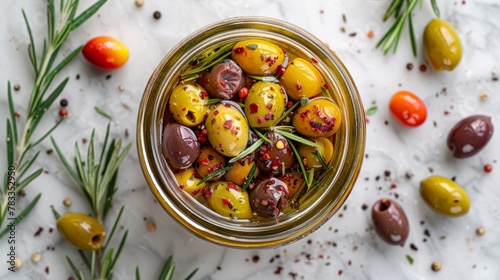  A jar overflowing with olives rests atop a marble table Rosemary sprigs gracefully dot the surface amongst additional olives