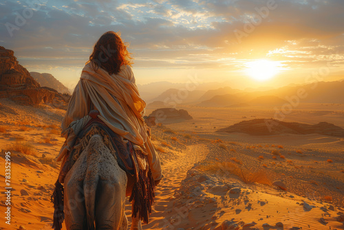 A nomad traversing vast desert landscapes on camelback, embracing the solitude and austerity of desert life. Concept of nomadic lifestyles and desert exploration. Generative Ai.