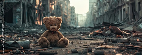 A teddy bear sitting alone in the middle of an abandoned city. AI generated illustration