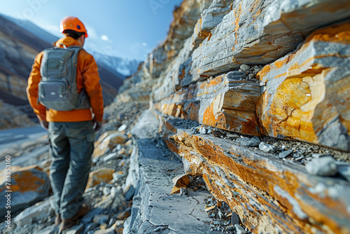 A geologist exploring rugged terrain, deciphering the geological history written in the layers of rock. Concept of geological exploration and earth sciences. Generative Ai.
