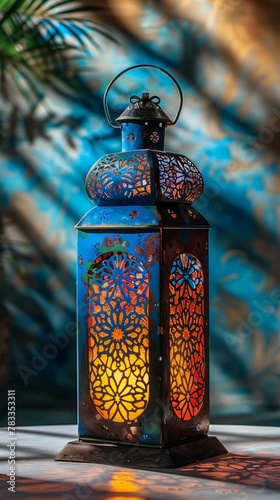 A colorful lantern sitting on top of a table. Magical Ramadan greeting card design.