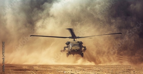 Military chopper takes off in combat and war flying into the smoke and chaos and destruction. Military concept of power, force, strength, air raid. Portrait View. AI generated illustration photo