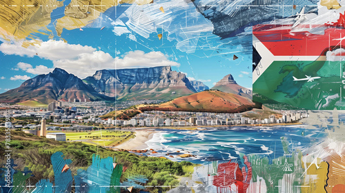 Digital collage of Cape Town and South Africa with vibrant abstract art elements and landmarks