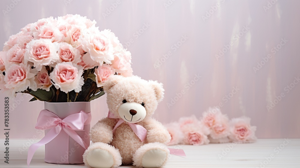 Against a light background, a teddy bear holding a bouquet of light pink roses creates a charming and heartwarming scene. Holiday Valentine's Day.