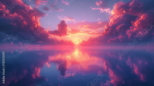 A beautiful sunset over a calm body of water with a pink and purple sky © ART IS AN EXPLOSION.