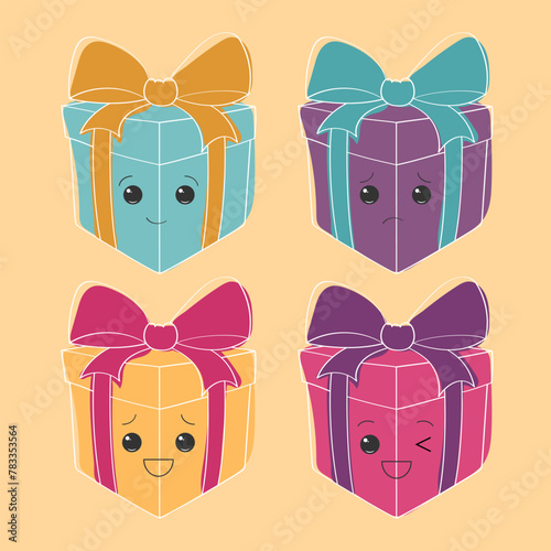 Four square boxes in bright colors are displayed. Each box has a unique face with eyes, nose, and mouth, as well as a decorative bow on top