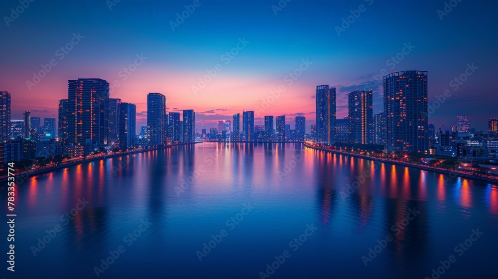  a business center at night, with a calm river flowing through the city