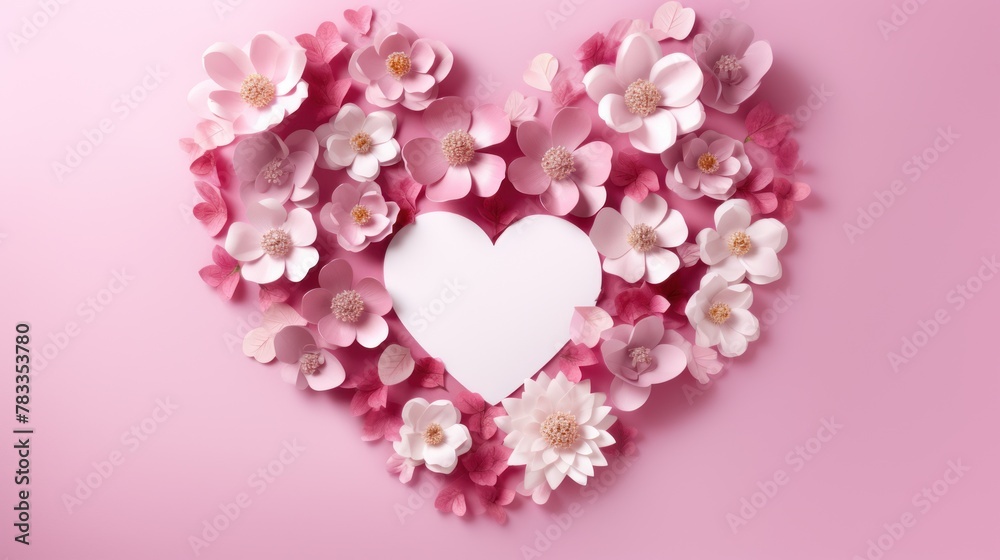 Pink and white blossoms forming a heart with a blank center, floral heart arrangement on a pink backdrop, romantic decor and design. Concept: Valentine's Day holiday.