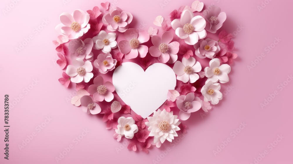 Pink and white blossoms forming a heart with a blank center, floral heart arrangement on a pink backdrop, romantic decor and design. Concept: Valentine's Day holiday. Pink and white blossoms forming a heart with a blank center, floral heart arrangement on a pink backdrop, romantic decor and design. Concept: Valentine's Day holiday.