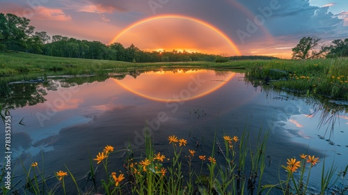 Lake With Yellow Flowers and Rainbow