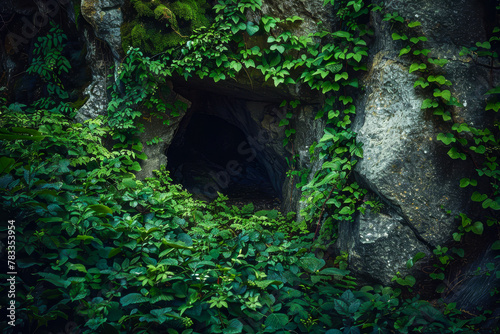 Mysterious Cave Entrance Concealed by Lush Greenery photo