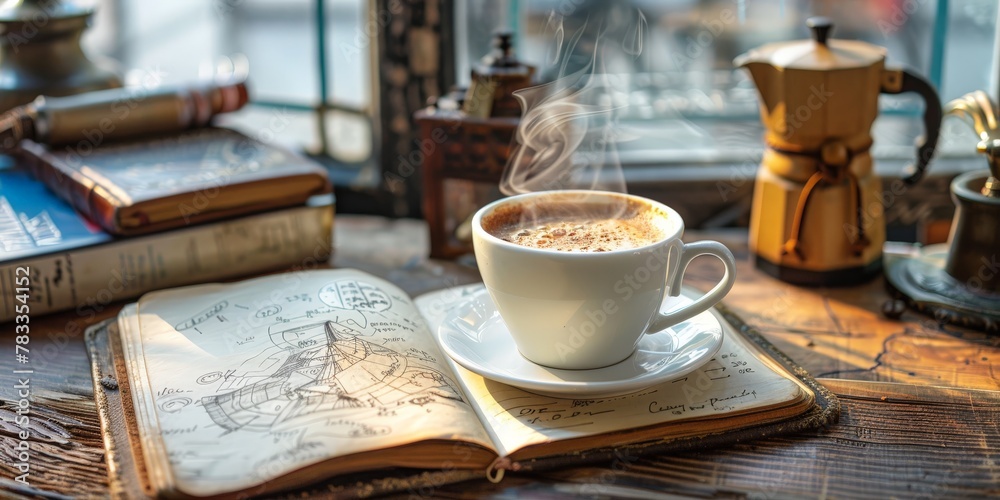 A cup of coffee on wooden table A cup of coffee on wooden table