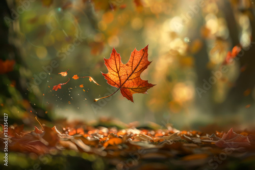 Autumn Maple Leaf Falling in a Sunlit Forest