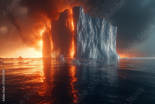 The clash between a heatwave and an iceberg, illustrating the collision of scorching temperatures and frigid ice masses. Concept of temperature extremes. Generative Ai.