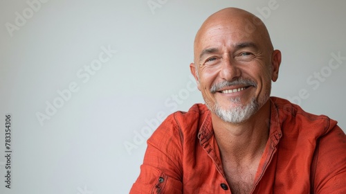 a bald man with a bright smile, wearing a vibrant red shirt