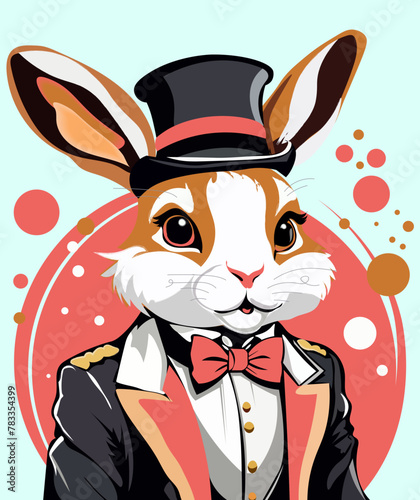 Elegant rabbit in the hat on the blue background.