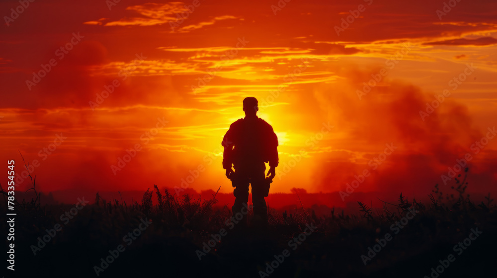 Minimalistic shot of a soldier's silhouette against a fiery sunset.