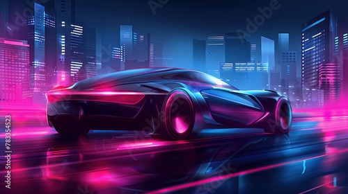Futuristic Car Driving Through City at Night