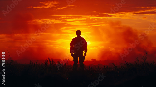 Minimalistic shot of a soldier s silhouette against a fiery sunset.