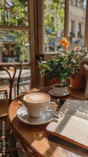 A cup of coffee on a wooden table