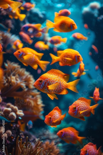 Vibrant orange tropical fish exploring the dynamic underwater world of a coral reef bathed in sunlight..