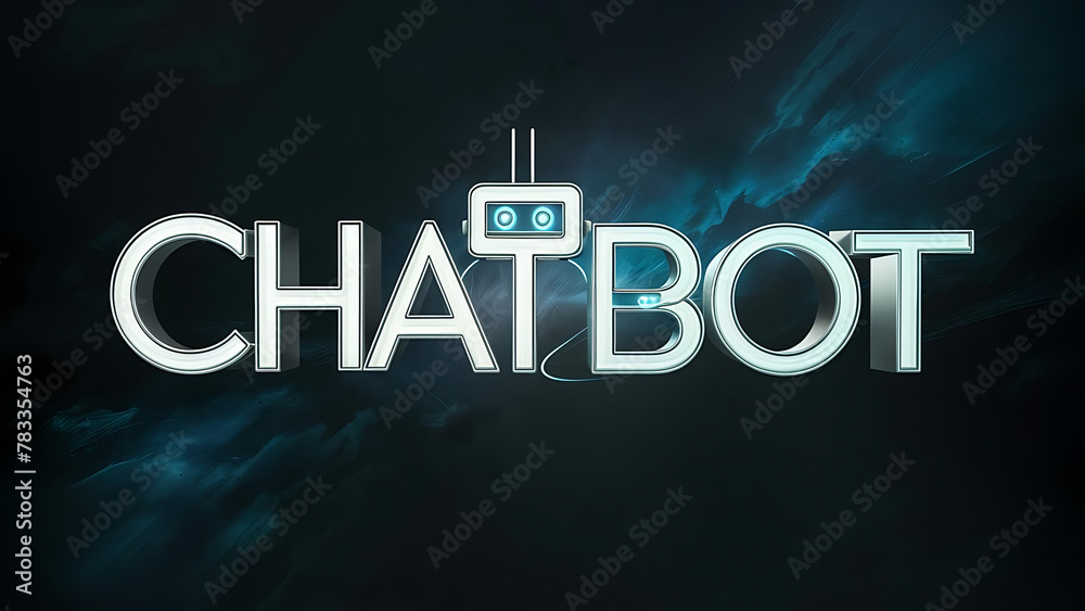 Illuminated “CHATBOT” text , two robot eyes inside Illuminated “CHATBOT” text , two robot eyes inside