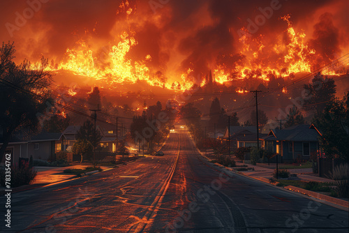 The intersection of a wildfire and a residential neighborhood, illustrating the collision of spreading flames and human habitation. Concept of wildfire risk to communities. Generative Ai.