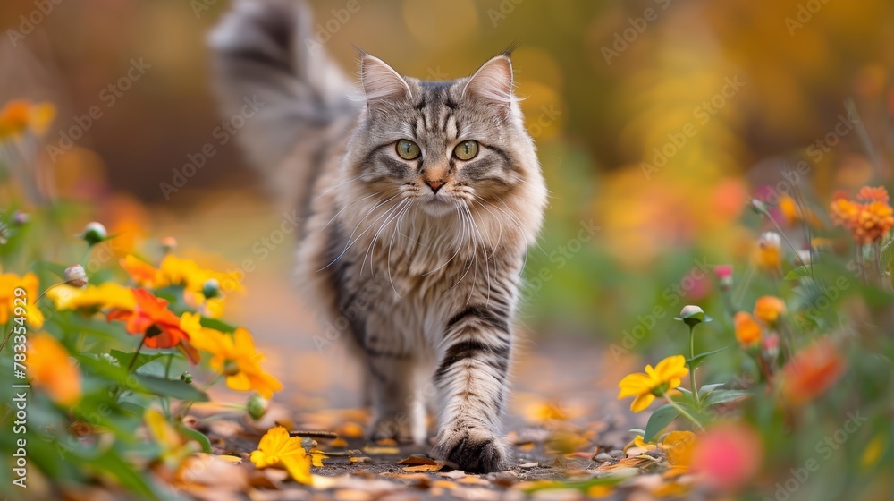   A cat strolling along a path, surrounded by clear flowers in the foreground, while the background blurs with leaves and blooms