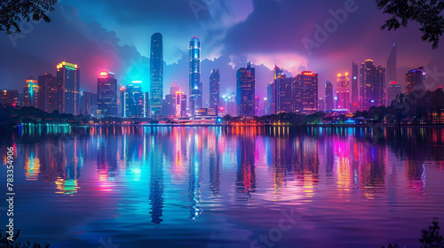 Vibrant City Skyline Illuminated at Night
