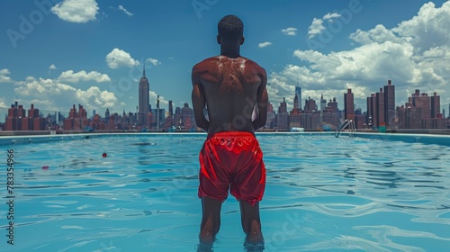 a lifeguard in red shorts, taking a momentary pause to gaze at the city skyline