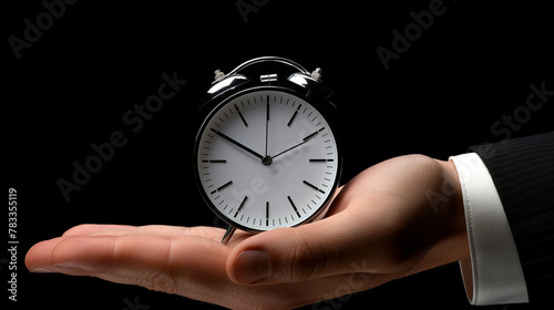 A hand in a suit presents an analog alarm clock with white dial and black rim, suggesting the concept of time management.