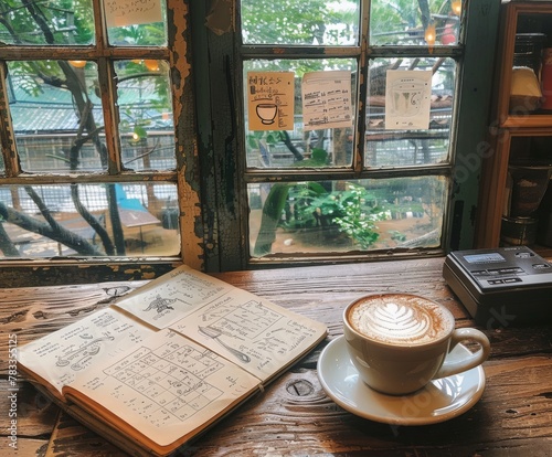 A cup of coffee on a wooden table photo